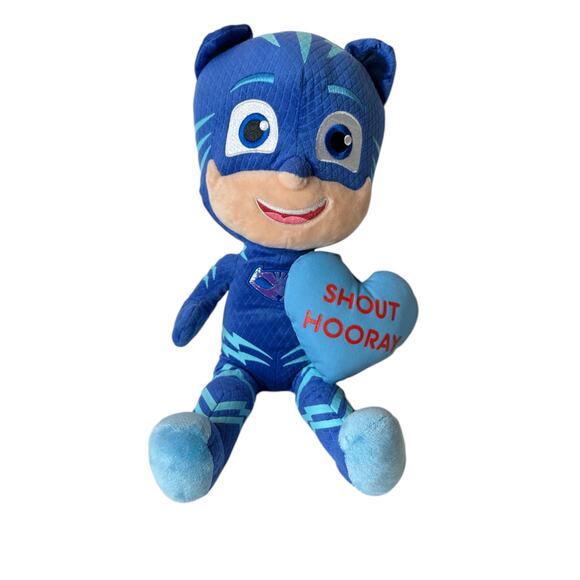 PJ MasK Val Greeter Cat Boy 15 Inches Tall Plush Stuffed Blue Shout Hooray Heart - Picture 2 of 5